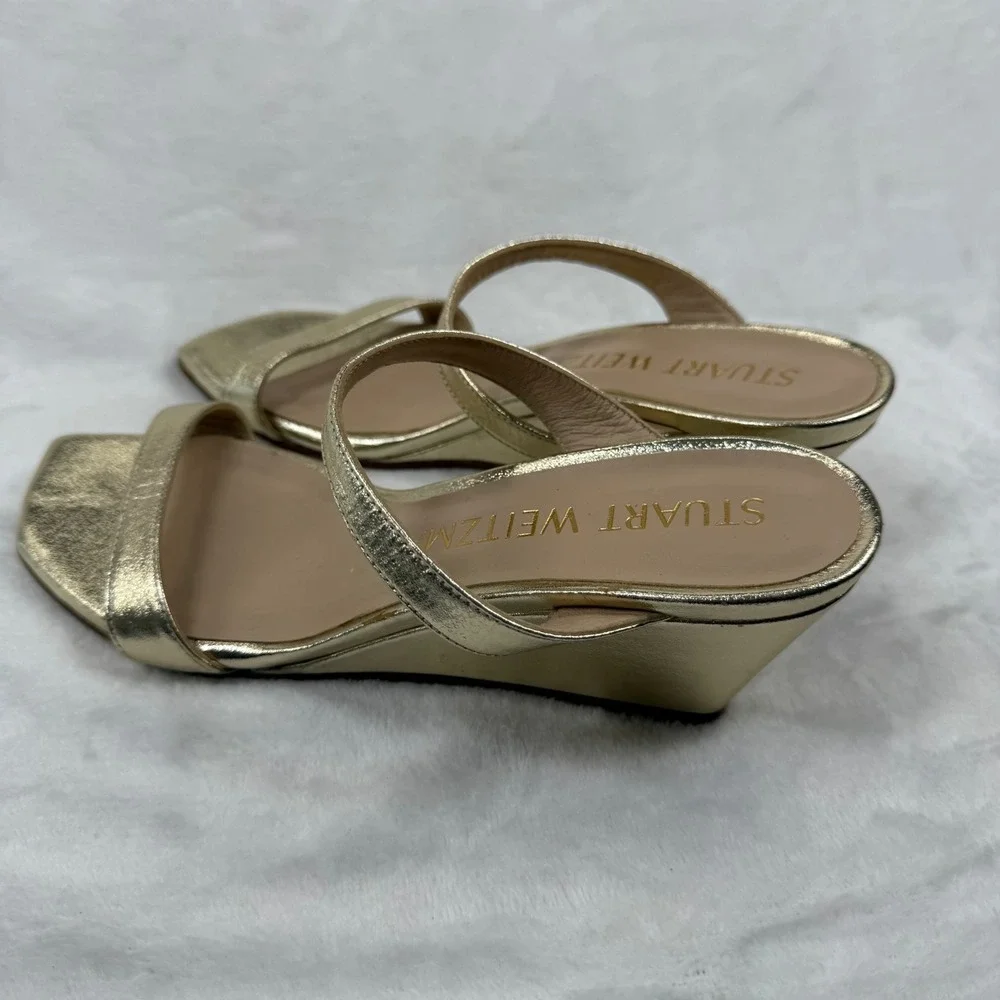 Stuart Weitzman Aleena 50 Gold Metallic Leather Square Toe‎ Wedge Sandals Size 5